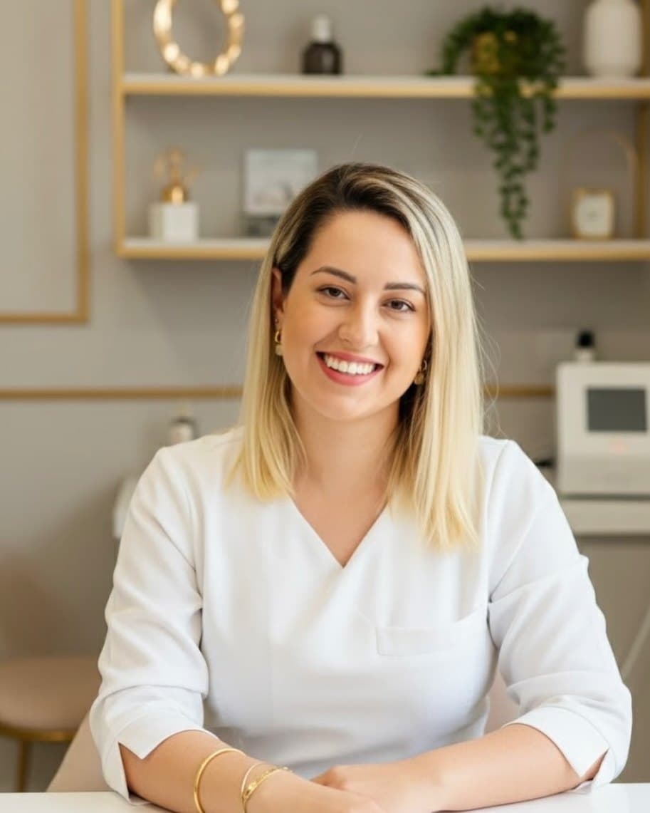 Dra. Thayse Pereira sorrindo, de jaleco branco, no consultório